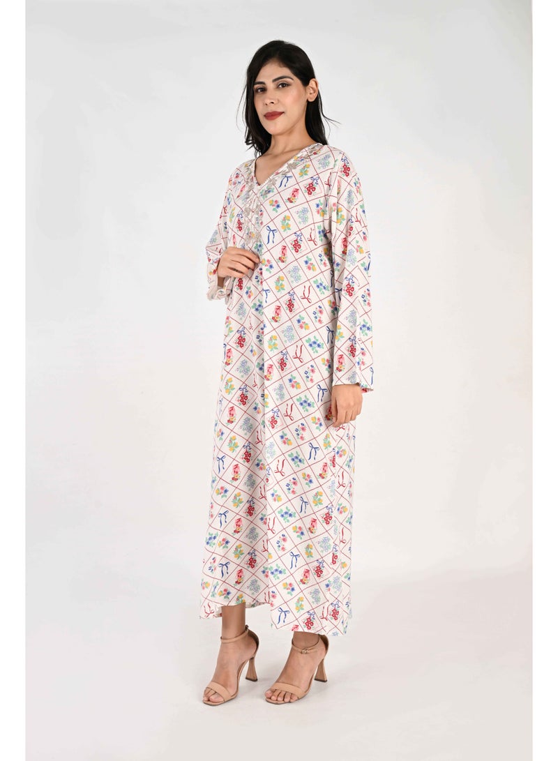 Linelle Ladies Jalabiya – White with Colorful Floral and Bow Diamond Print and Embroidery Detailing - Image 4
