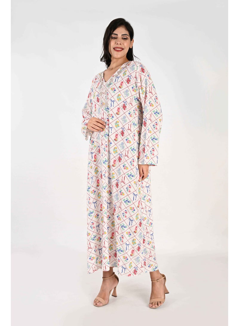 Linelle Ladies Jalabiya – White with Colorful Floral and Bow Diamond Print and Embroidery Detailing - Image 5