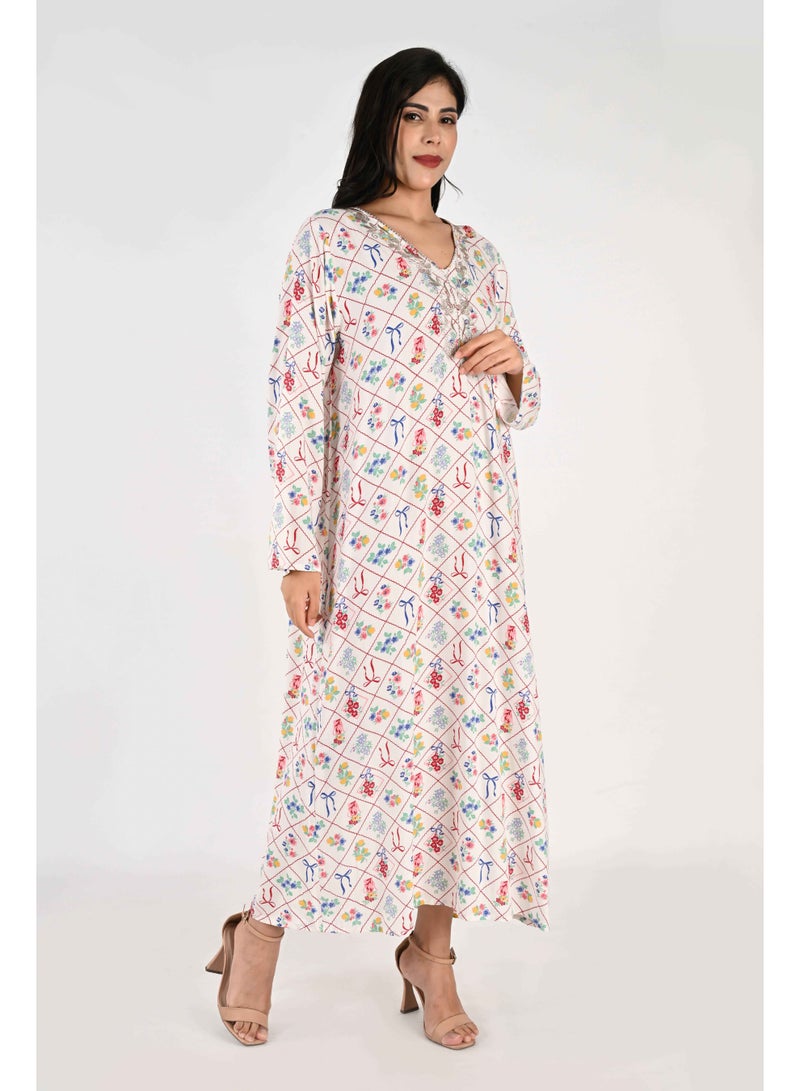 Linelle Ladies Jalabiya – White with Colorful Floral and Bow Diamond Print and Embroidery Detailing - Image 3