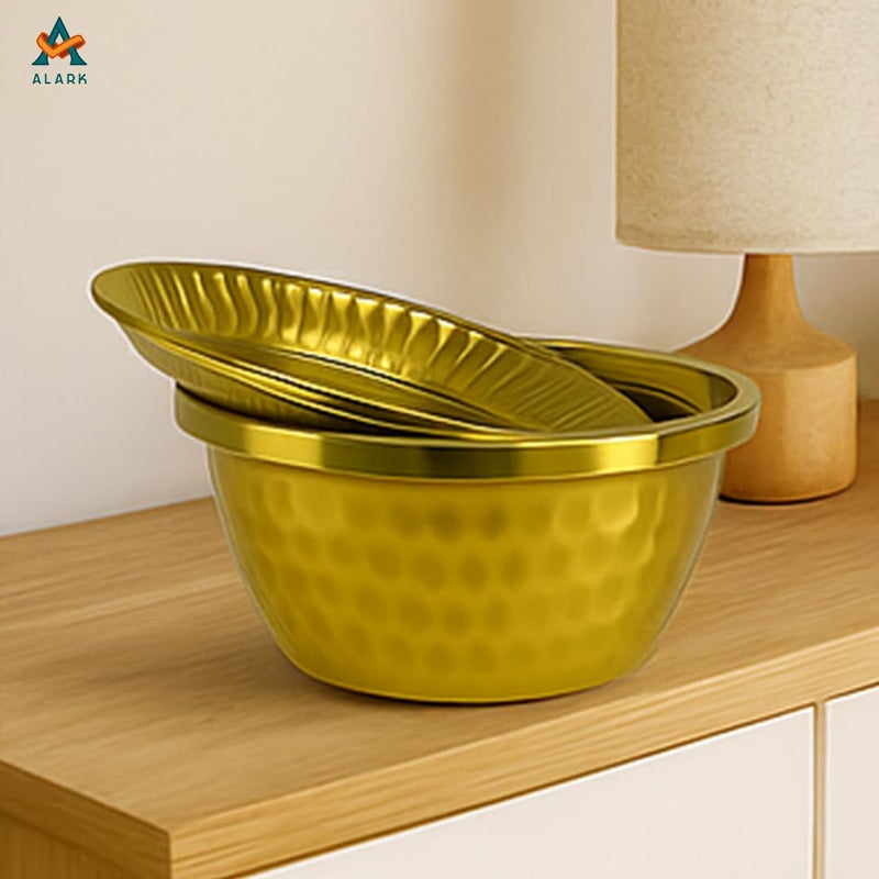 Alark طقم وعاء خلط وتقديم من الفولاذ المقاوم للصدأ الذهبي مع غطاء محكم - مزدوج الجدران، غير قابل للكسر، أوعية زخرفية للسلطة، الحساء، الوجبات الخفيفة، حفلات الزفاف واحتفالات رمضان - Image 5