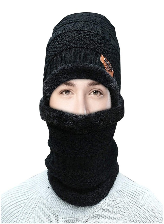 BeFall Winter Woolen Beanie/Skull Cap & Neck Warmer (Muffler) Combo for Winters with Faux Fur Inner Side |Warm Hat | Winter Cap for Man | Woolen Cap (SingleBlack) - Image 1