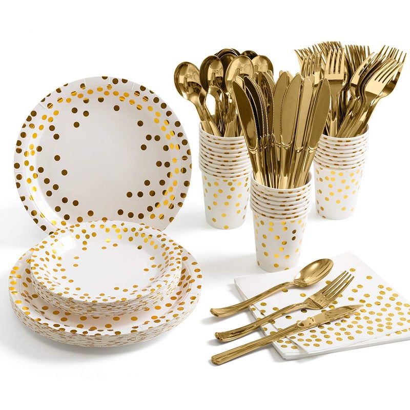 HOMIX 175 Piece Gold Party Supplies Set Serves 25  Gold Paper Plates Napkins Cups with Gold Plastic Silverware Sets for Wedding Bridal Shower Baby Shower Holiday Parties