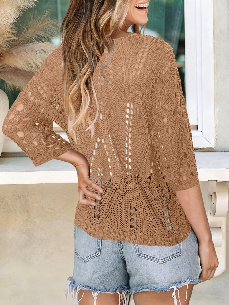 CRAZY GRID Spring Tops Cruise Outfits for Women 3/4 Length Sleeve Crochet Sweaters Hollow Out Knit Holiday Cover Up Trendy 2026 Resort Wear Khaki X-Large - Image 3