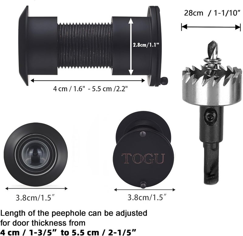 Togu 3828 Brass Extra Larger peep Holes for Door with 1-1/10“ Drill Bit, 220-degree Door viewer Peephole with Privacy Cover, Fitting Door Thick from 1-3/5" to 2-1/5", Matt Black Finish - Image 2