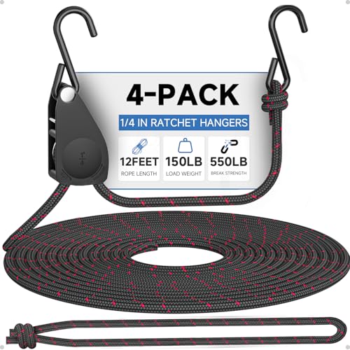 Fondwell 1/4" Tie Downs Ratchet Straps: 4-Pack Rope Hangers with Protective Soft Loops - Secure Tie Down Ratcheting for Transport - Image 1