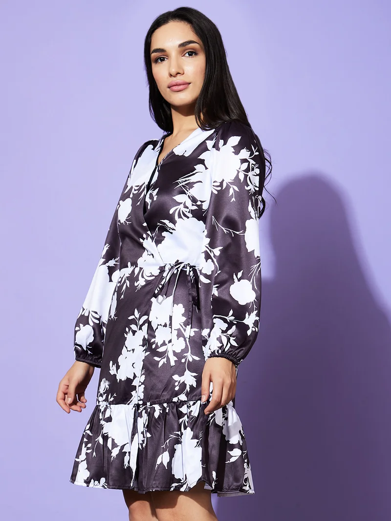 globus Globus Women Black & White Floral Print Satin Wrap Party Dress