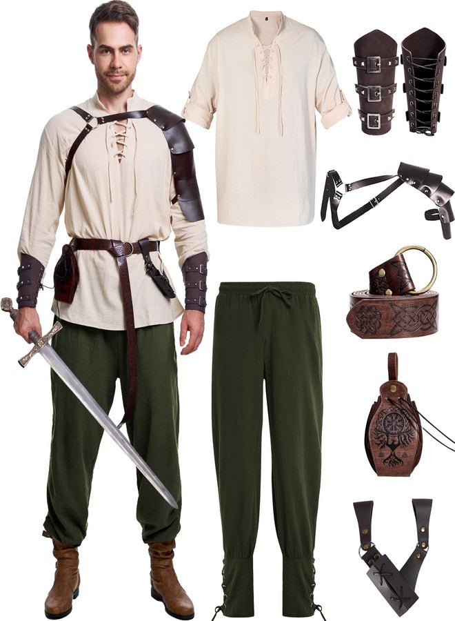 Vanderdyken 8 Pcs Renaissance Costume for Men Medieval Pirate Shirt Pant with Viking Belt Bracer Bag Scabbard and Shoulder Armor (Stylish Color, Large) - Image 1
