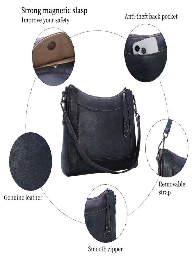 Iswee Leather Crossbody Bags for Women Shoulder Purse Medium Hobo Genuine Leather Satchel Purses and Handbags, Navy Blue, Medium, Women Shoulder Bag Satchel Crossbody - Image 5