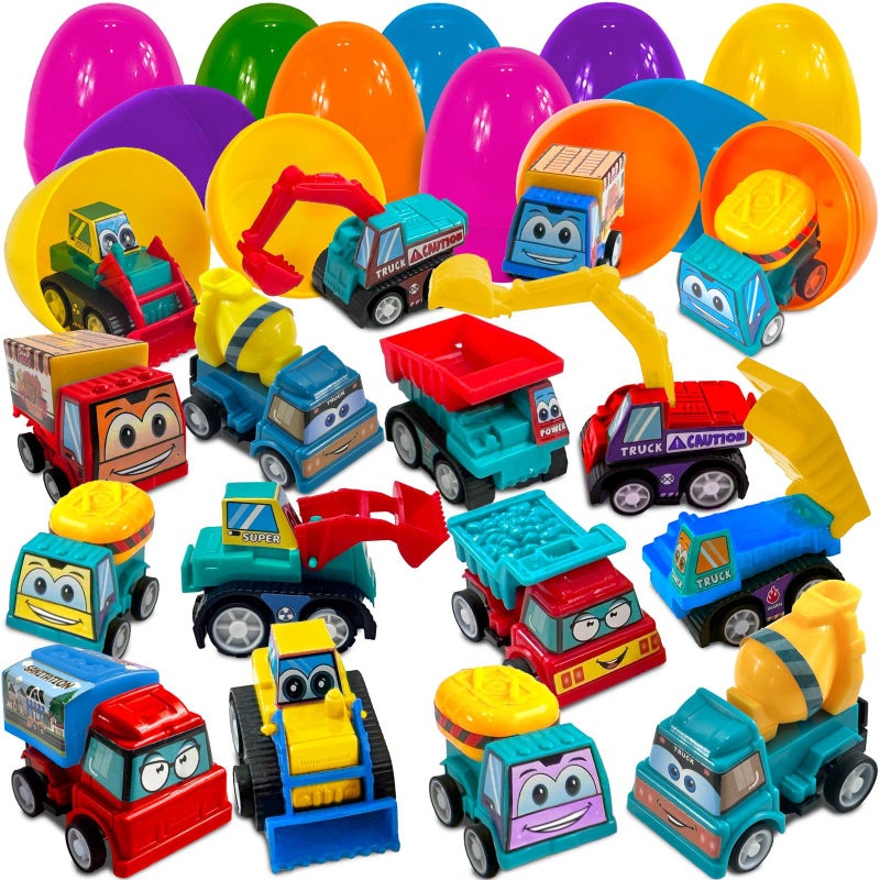 stargo 24 Pack Colorful Prefilled Easter Eggs bulk with toys Mini Car set Construction Engineering Vehicles pullback cars Plastic Easter Eggs Filled Basket Fillers Party Favors Boys Goodie Bags - Image 3