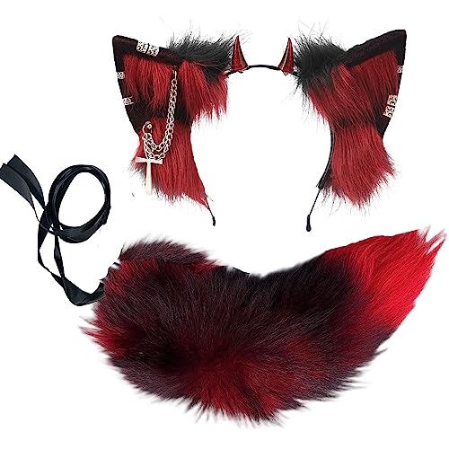 VIGVAN Wolf Ear Headband and Tail Set, Black Red, for Wolf Cosplay Costumes, Halloween, One Size, Plush, Hand Wash Only, Unisex - Image 1