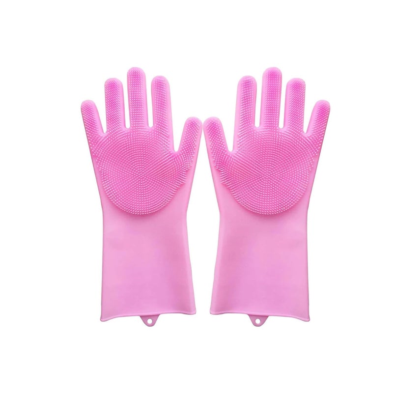 Dishwashing Gloves With Scrubber Silicone Cleaning Reusable Scrub Gloves For Wash Dish Kitchen Bathroom Pet Grooming Wet And Dry Glove 1 Pair Pink  - Image 1