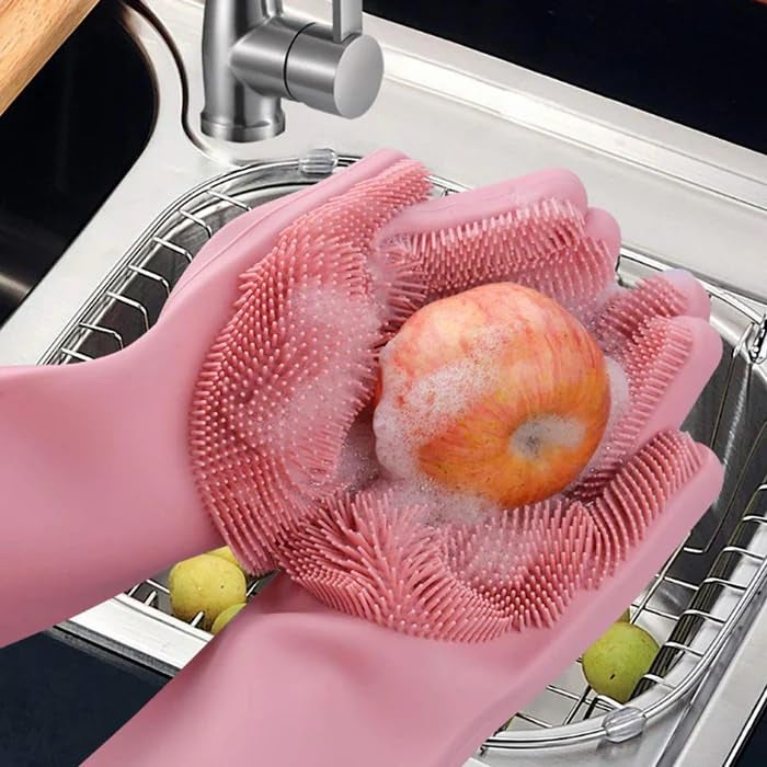Dishwashing Gloves With Scrubber Silicone Cleaning Reusable Scrub Gloves For Wash Dish Kitchen Bathroom Pet Grooming Wet And Dry Glove 1 Pair Pink  - Image 4