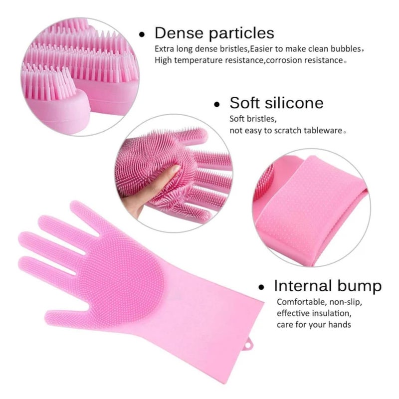 Dishwashing Gloves With Scrubber Silicone Cleaning Reusable Scrub Gloves For Wash Dish Kitchen Bathroom Pet Grooming Wet And Dry Glove 1 Pair Pink  - Image 3
