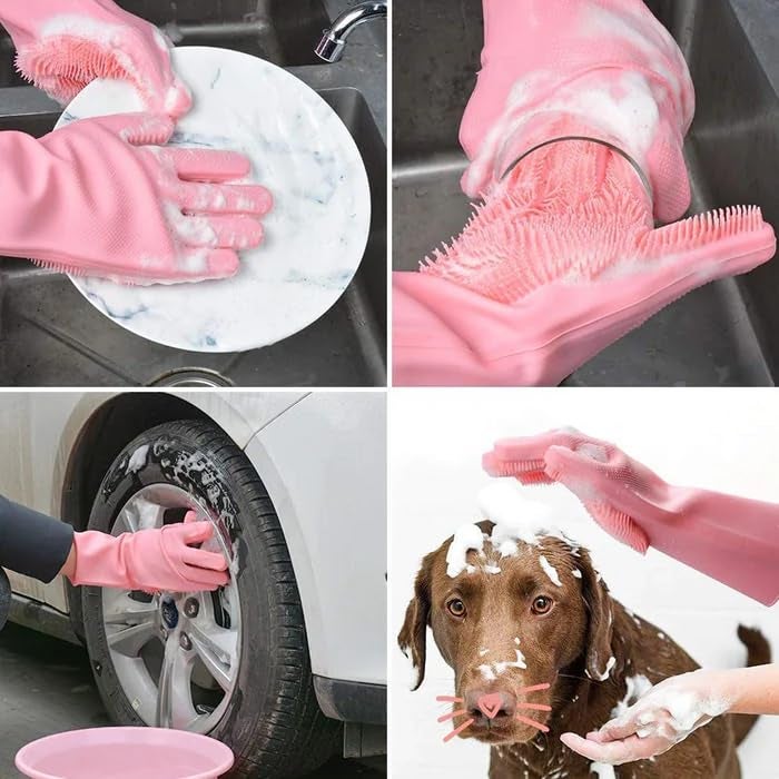 Dishwashing Gloves With Scrubber Silicone Cleaning Reusable Scrub Gloves For Wash Dish Kitchen Bathroom Pet Grooming Wet And Dry Glove 1 Pair Pink  - Image 5