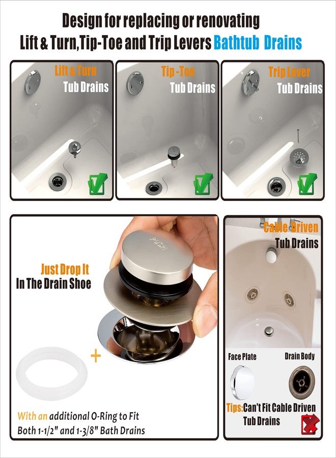 Artiwell Universal Tip Toe Bath Drain Stopper and Cover, Bathtub Drain Stopper, Replaces Lift and Turn, Tip-Toe and Trip Lever drains for Tub, EZ Installation and Clearing (Brushed Nickel) - Image 2