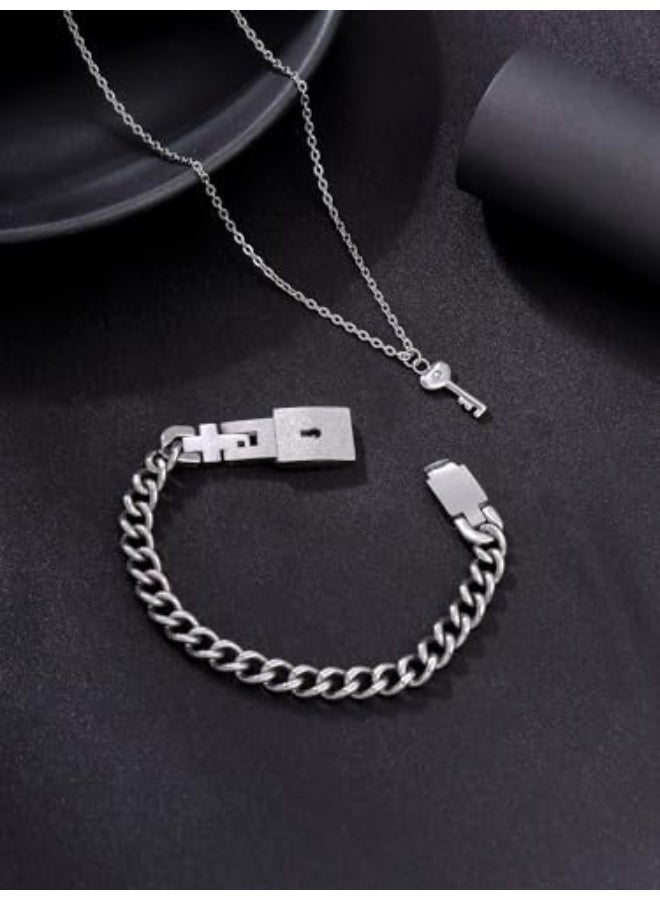 Shein Couple Lock & Key Bracelet Necklace Set, Stainless Steel Matching Jewelry with Silver Cuban Link Bracelet & Key Pendant - Image 2