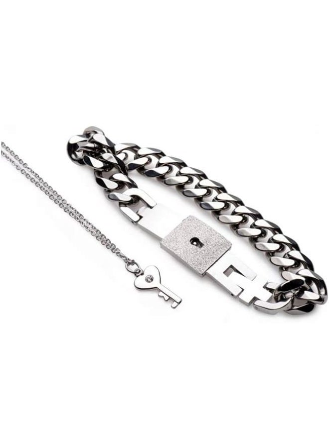 Shein Couple Lock & Key Bracelet Necklace Set, Stainless Steel Matching Jewelry with Silver Cuban Link Bracelet & Key Pendant - Image 1