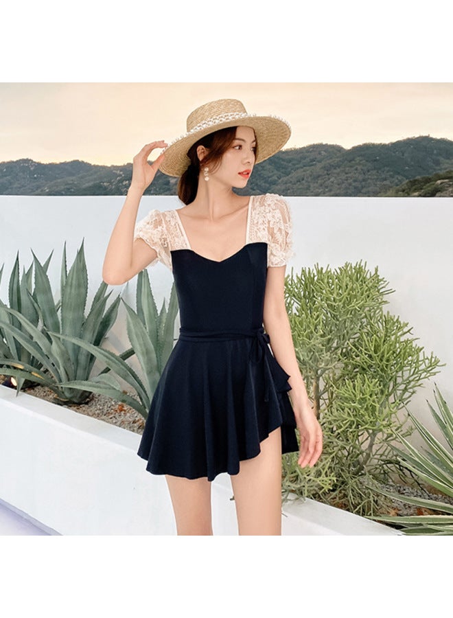 Generic Special Sale Swimsuit Women's South Korea Backless One-piece Skirt Flat Angle Belly Covering Slimming Conservative Hot Spring Swimsuit-Color:Navy Blue-20217-Size:L - Image 4