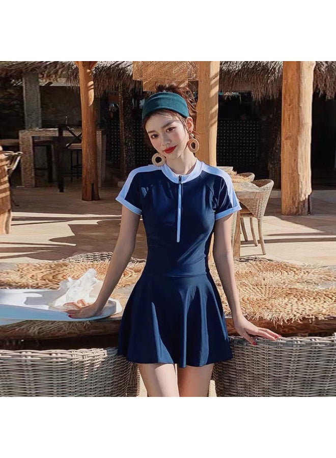 Generic Special Sale Swimsuit Women's South Korea Backless One-piece Skirt Flat Angle Belly Covering Slimming Conservative Hot Spring Swimsuit-Color:Navy Blue-20217-Size:L - Image 1