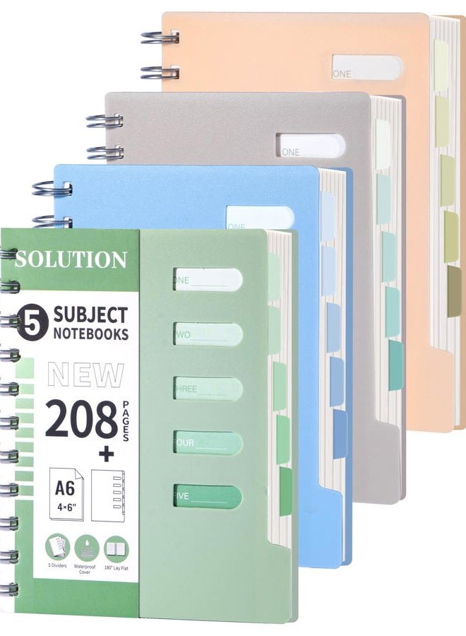 Flying Eagle 4 PCS Small 5 Subject Notebook 4"x6" Cute Spiral Notebook 208 Pages College Ruled Waterproof Cover Colorful Dividers Writable Tabs Note Taking for School Work - Image 1