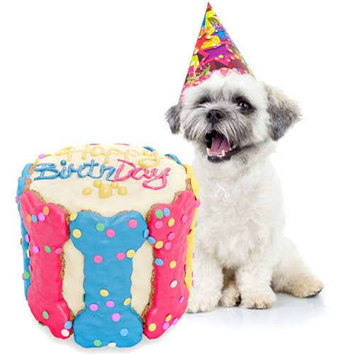 BETAPET Dog Birthday Cake for Dogs to Eat - Rice Cake Based Dessert Made with Dog Birthday Treats and Human Grade Ingredients Gift for Puppy (5"x5"x5", Tri-Color) - Image 1