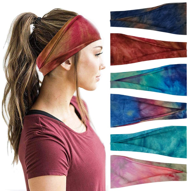 YONUF Headbands For Women Workout Wide Headband Yoga Head Bands For Women's Hair Accessories Fashion Band Tie Dye 6 Pack - Image 1