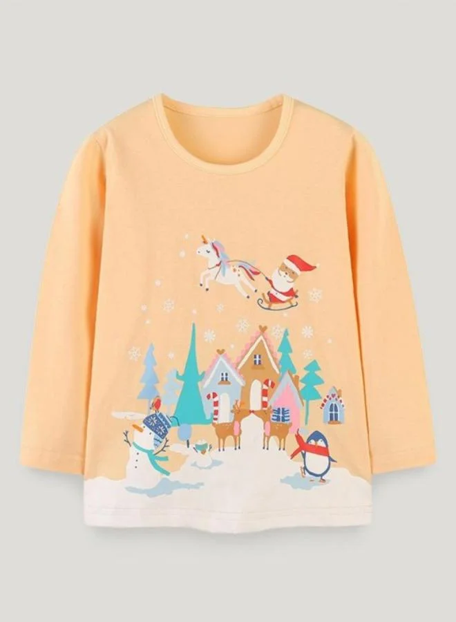 يونيكي Orange Printed Long Sleeve Crew Neck T-Shirt