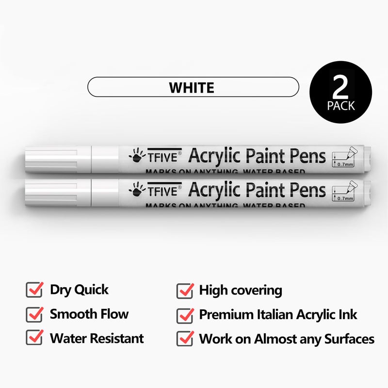 TFIVE White Paint Marker Paint Pens - 2 Pack Acrylic Permanent Marker, 0.7mm Extra Fine Tip Paint Pen for Art Projects, Drawing, Rock Painting, Ceramic, Glass, Wood, Plastic, Metal, Canvas DIY Crafts - Image 2