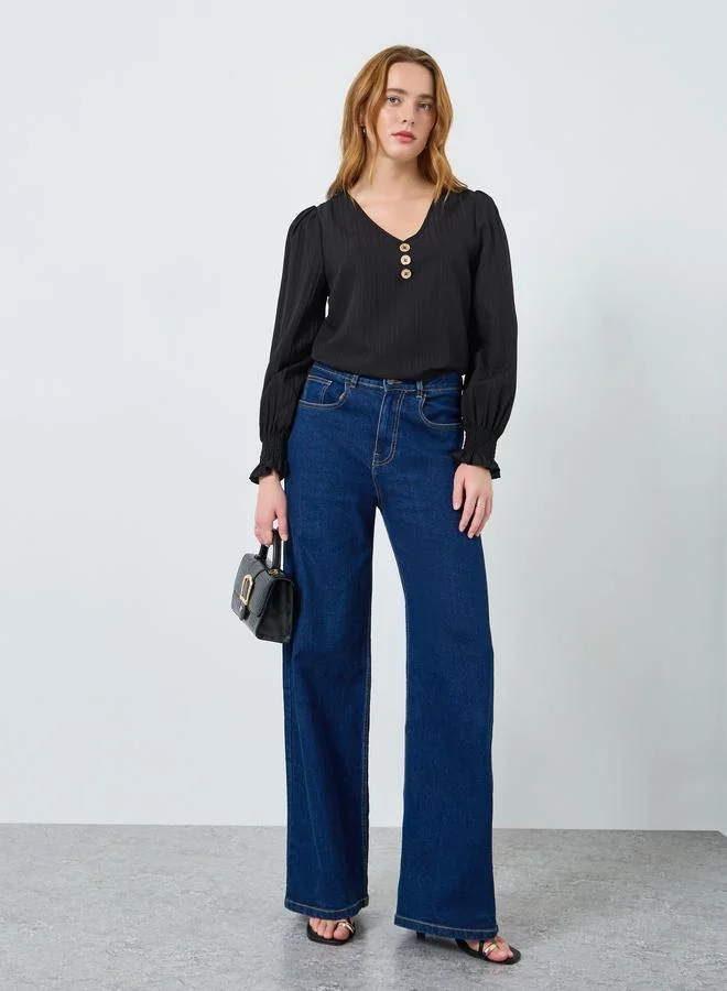 Take Two Women Texture Button Detail Long Sleeve Top