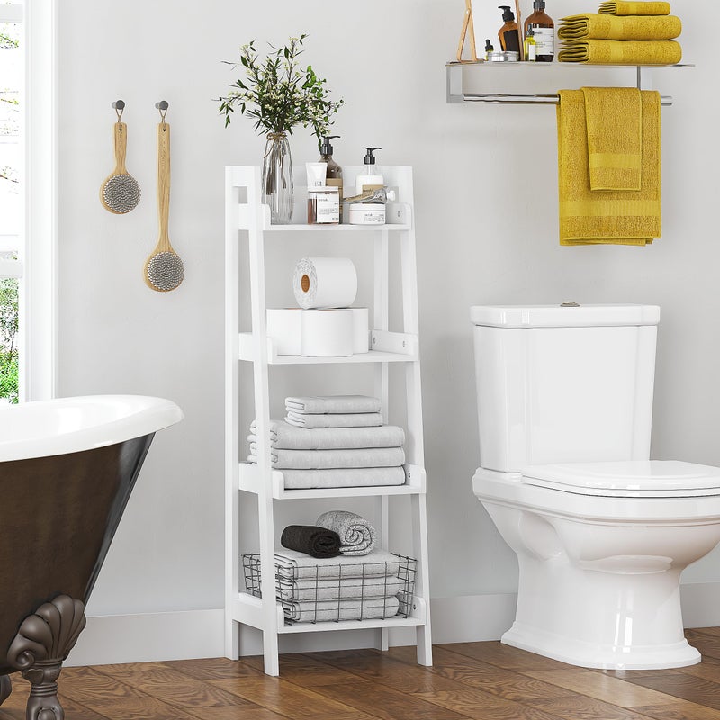 UTEX 4-Tier Ladder Shelf, Freestanding Bathroom Shelf, Open Wood Shelving Unit, Bathroom Floor Ladder Shelf (White) - Image 2