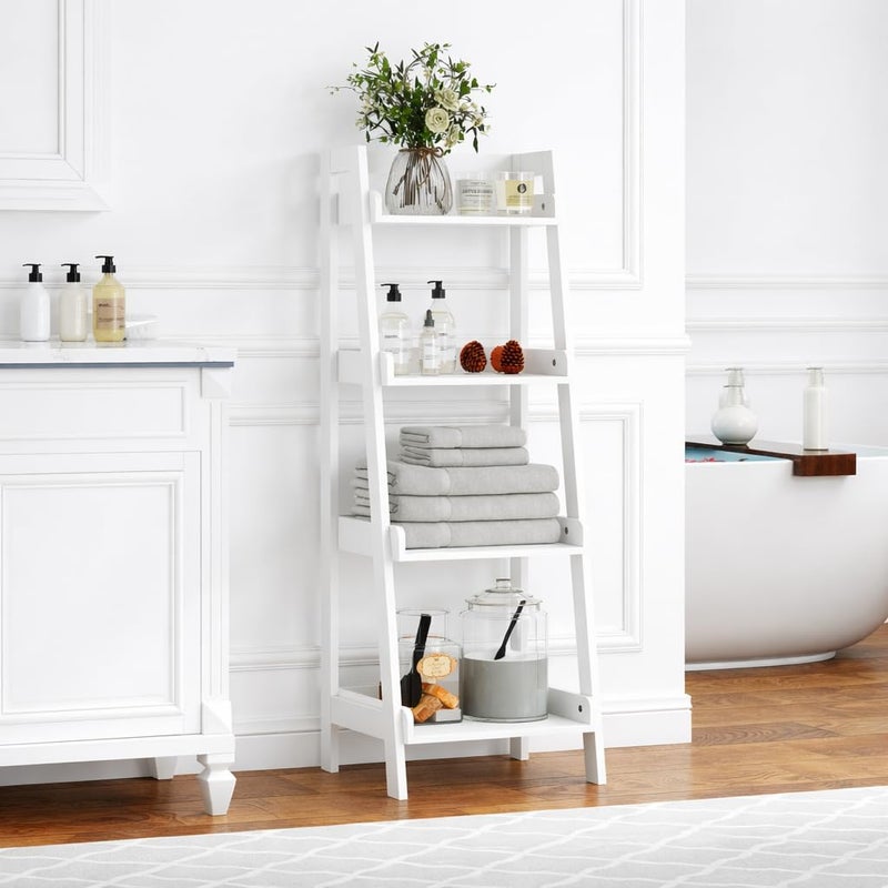 UTEX 4-Tier Ladder Shelf, Freestanding Bathroom Shelf, Open Wood Shelving Unit, Bathroom Floor Ladder Shelf (White) - Image 5