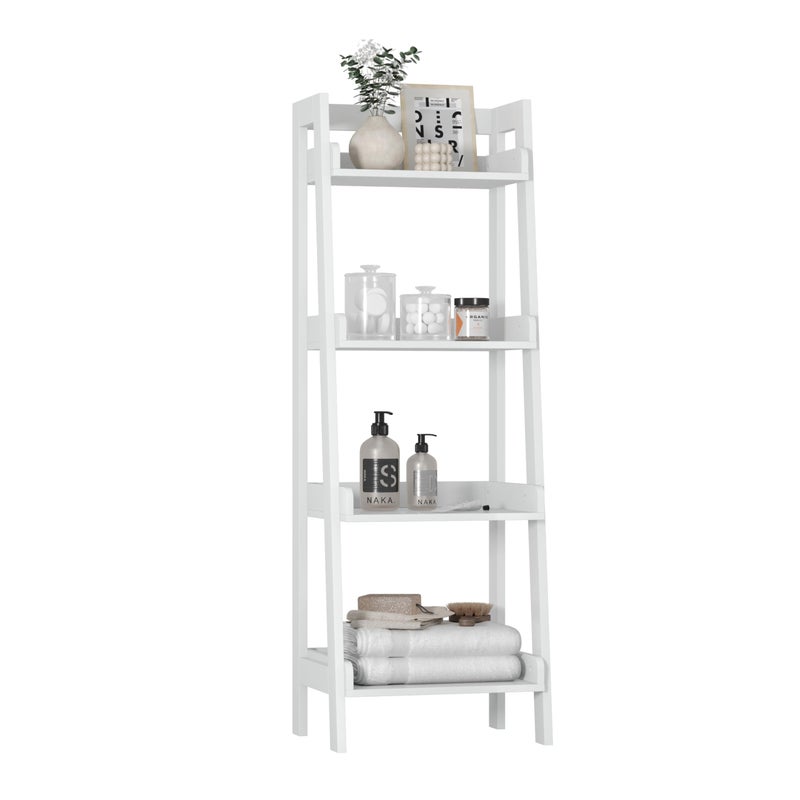 UTEX 4-Tier Ladder Shelf, Freestanding Bathroom Shelf, Open Wood Shelving Unit, Bathroom Floor Ladder Shelf (White) - Image 1