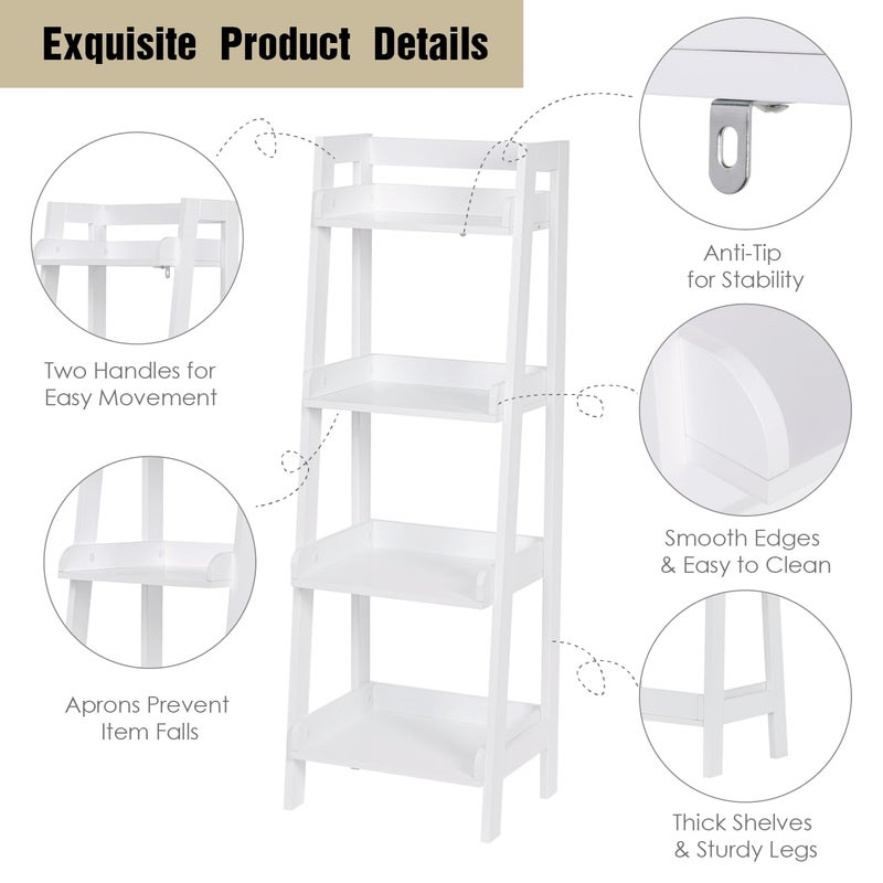 UTEX 4-Tier Ladder Shelf, Freestanding Bathroom Shelf, Open Wood Shelving Unit, Bathroom Floor Ladder Shelf (White) - Image 4
