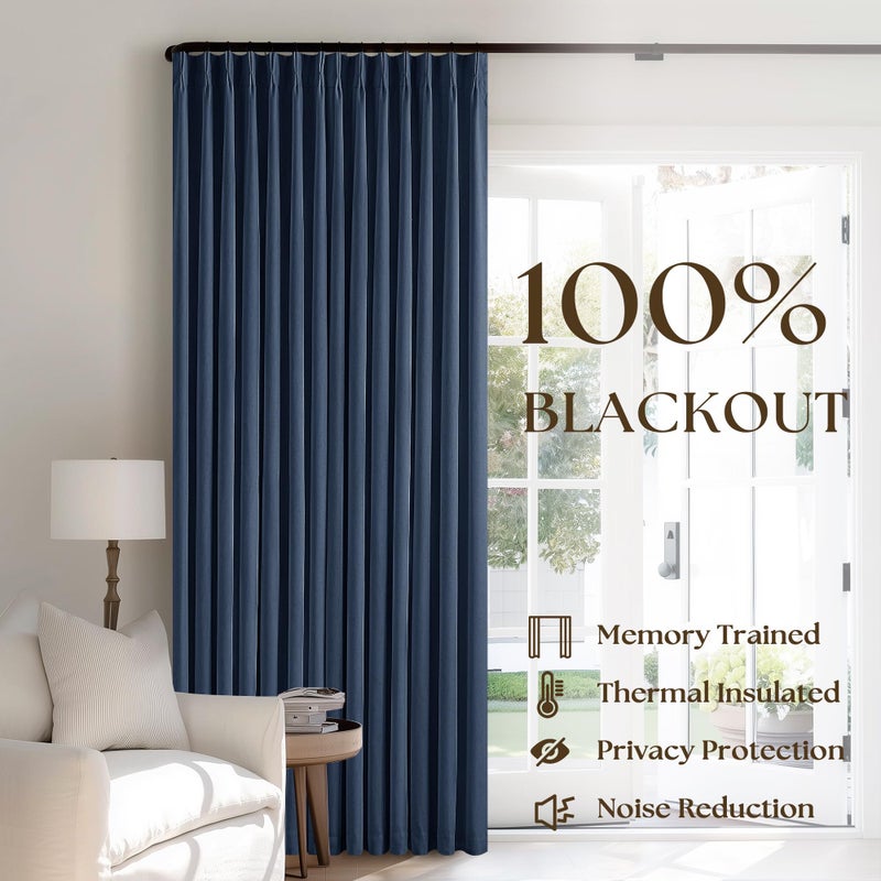 TWODRAPES Indigo Navy Pleated Linen Blackout Curtains 90 Inches Long for Bedroom Living Room Pinch Pleat Black Out Thermal Insulated Ring Hooks Back Tab Room Darkening Drapes Dark Blue Curtains with Liner - Image 3