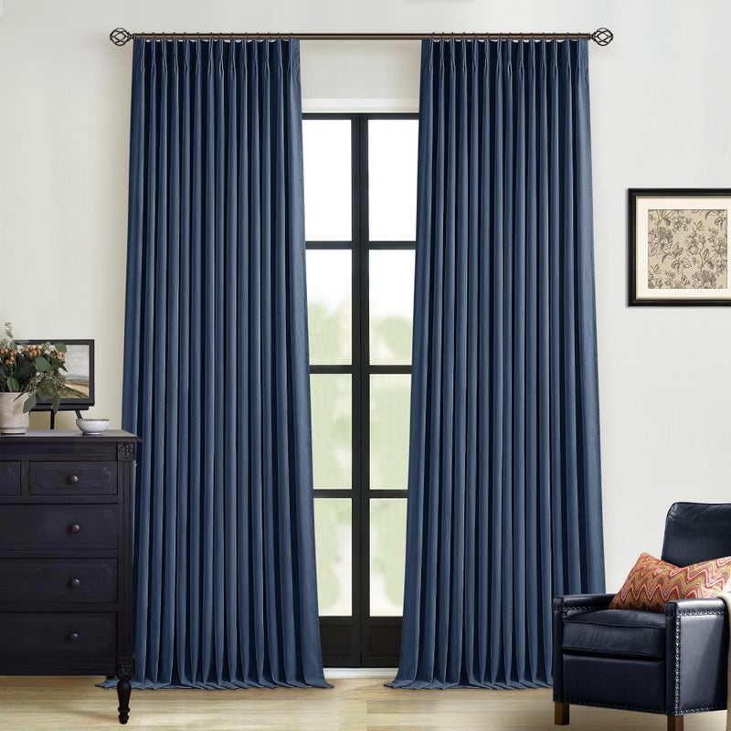 TWODRAPES Indigo Navy Pleated Linen Blackout Curtains 90 Inches Long for Bedroom Living Room Pinch Pleat Black Out Thermal Insulated Ring Hooks Back Tab Room Darkening Drapes Dark Blue Curtains with Liner - Image 1