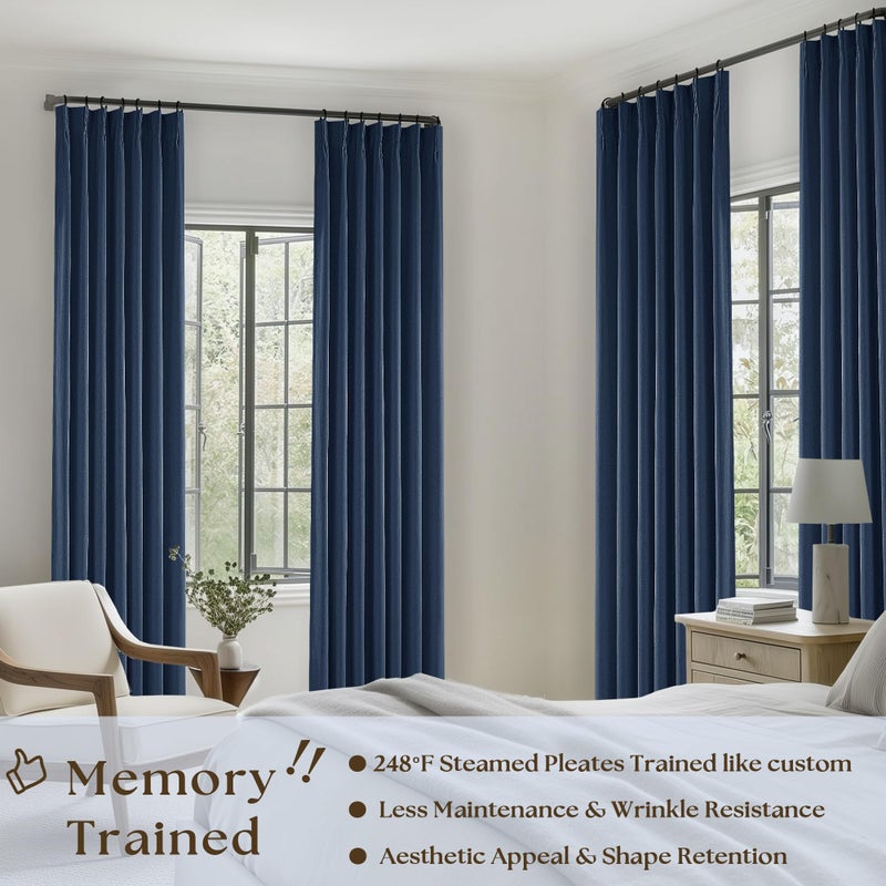 TWODRAPES Indigo Navy Pleated Linen Blackout Curtains 90 Inches Long for Bedroom Living Room Pinch Pleat Black Out Thermal Insulated Ring Hooks Back Tab Room Darkening Drapes Dark Blue Curtains with Liner - Image 2