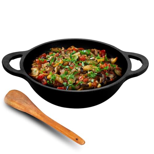 Lifelong Cast Iron Kadhai 20cm with Wooden Spatula | 1.8L, 1.8kg | Pre-Seasoned, Even Heat Distribution, Toxin & Teflon Free, Non-Stick, & Durable | Perfect for Cooking, Searing & Stewing - Image 1