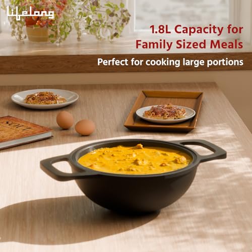 Lifelong Cast Iron Kadhai 20cm with Wooden Spatula | 1.8L, 1.8kg | Pre-Seasoned, Even Heat Distribution, Toxin & Teflon Free, Non-Stick, & Durable | Perfect for Cooking, Searing & Stewing - Image 4