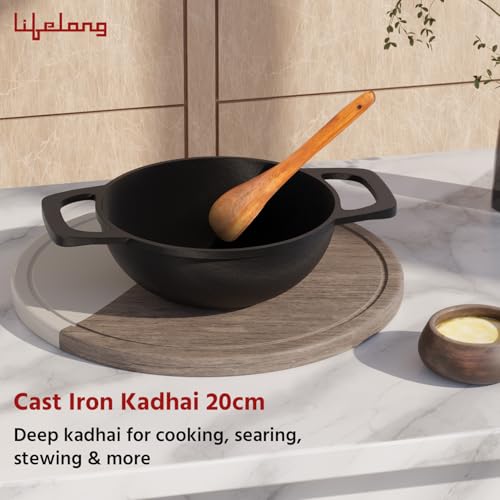 Lifelong Cast Iron Kadhai 20cm with Wooden Spatula | 1.8L, 1.8kg | Pre-Seasoned, Even Heat Distribution, Toxin & Teflon Free, Non-Stick, & Durable | Perfect for Cooking, Searing & Stewing - Image 2