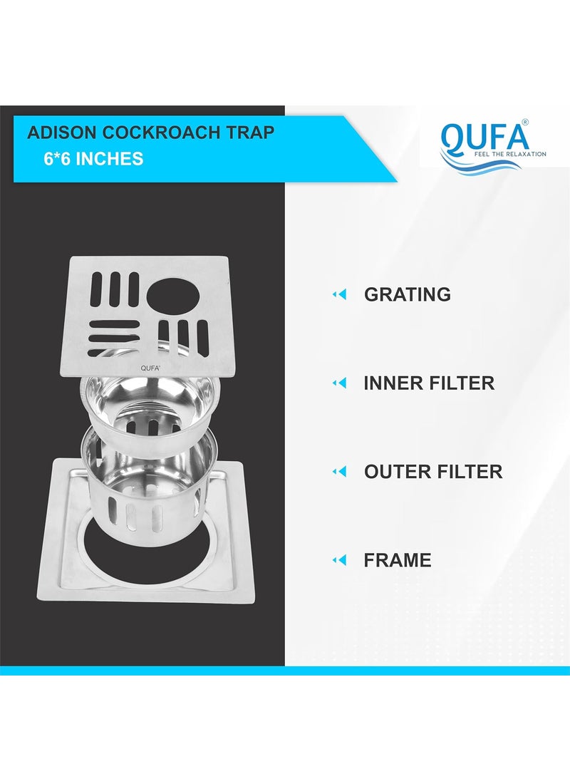 QUFA - QUFA Floor Drain 304Grade Stainless Steel Drain Jali 2 Types of inches Floor Drainer with Cockroach Trap Adison 6X6 INCH - Image 1