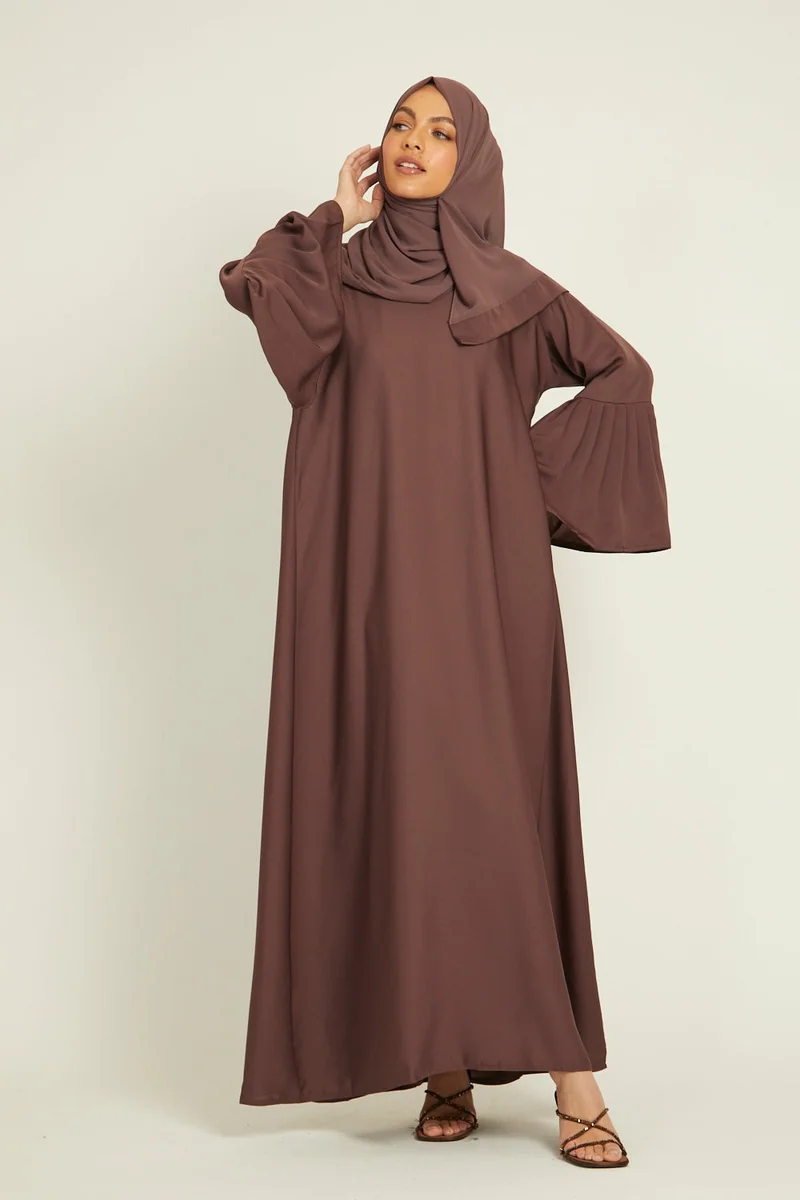NUKHBAA Elegant Tan plain abaya wityh belt and Hijab-AB47
