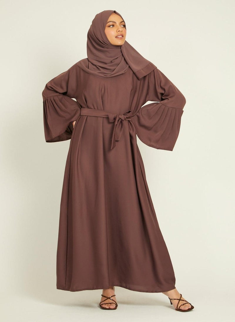 NUKHBAA Elegant Tan plain abaya wityh belt and Hijab-AB47  - Image 1