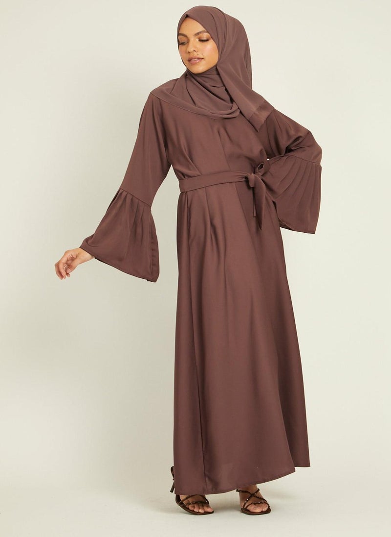 NUKHBAA Elegant Tan plain abaya wityh belt and Hijab-AB47  - Image 2
