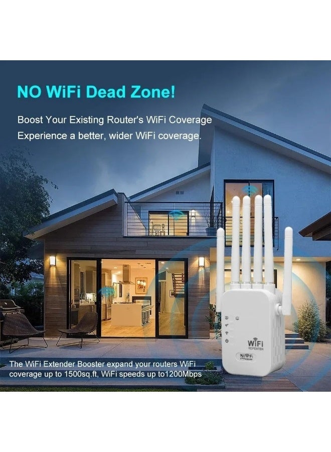 1200Mbps Wireless WiFi Repeater, 5G/2.4G Dual Band Wireless WiFi Range Extender, 6 Antenna Wireless Signal Booster, Internet Router Extender - White - Image 4