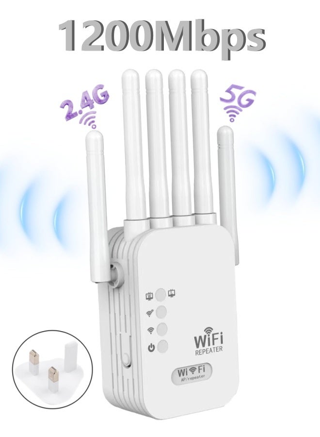 1200Mbps Wireless WiFi Repeater, 5G/2.4G Dual Band Wireless WiFi Range Extender, 6 Antenna Wireless Signal Booster, Internet Router Extender - White - Image 1