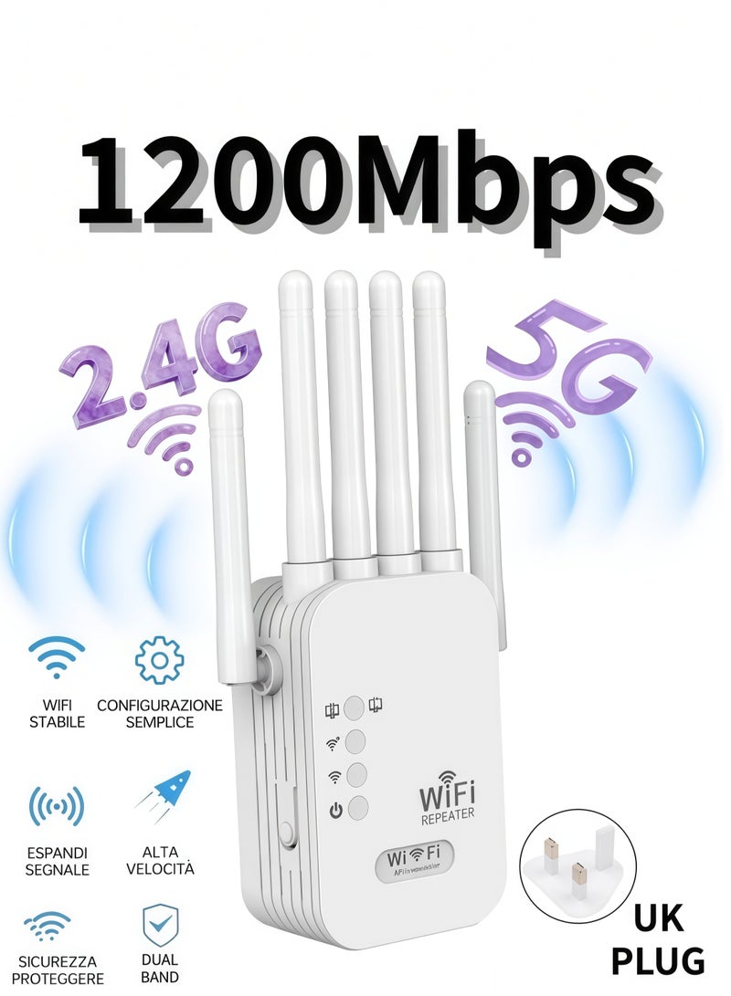 1200Mbps Wireless WiFi Repeater, 5G/2.4G Dual Band Wireless WiFi Range Extender, 6 Antenna Wireless Signal Booster, Internet Router Extender - White - Image 1