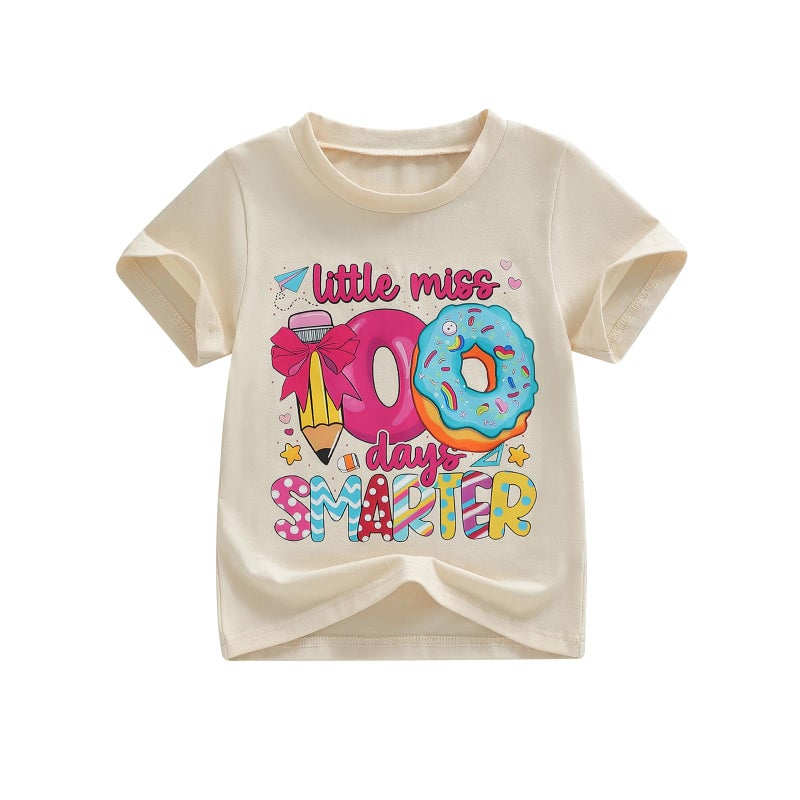 Douhoow Girls 100 Days of School Shirt Short Sleeve Toddler Girl Tops 100th Day of School Shirt Kids (Beige A, 7-8 Years) - Image 1