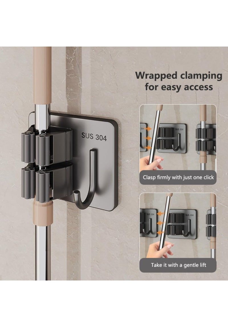 Drill-Free Wall Mount Broom Holder, Wall Mounted Garden Tool Rack Organizer for Closet Garage Laundry Room Kitchen Decor With 4 Slots & 4 Hooks  - Image 2