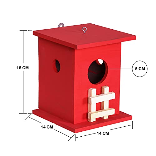 Cket Bird House Nest Breeding Box for Sparrow, Hummingbird, Kingfisher for Balcony and Garden Hanging Wooden with Hanging and Wall Patch (RED) (Pack of 3) - Image 5