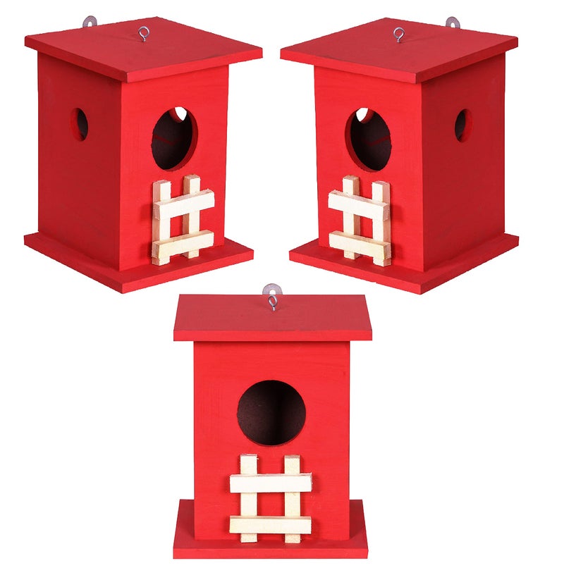 Cket Bird House Nest Breeding Box for Sparrow, Hummingbird, Kingfisher for Balcony and Garden Hanging Wooden with Hanging and Wall Patch (RED) (Pack of 3) - Image 1